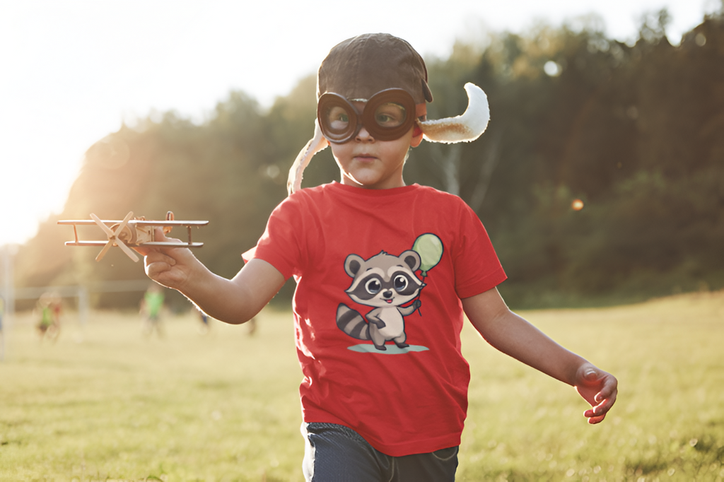 Moonie Kids’ T‑Shirt – Raccoon Balloon Edition